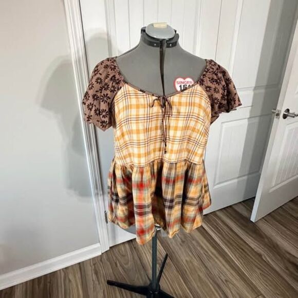 Cato Tops - Cato 14 16W 100% Cotton Patchwork Plaid Babydoll Top 22” P-P 26” Length C7547